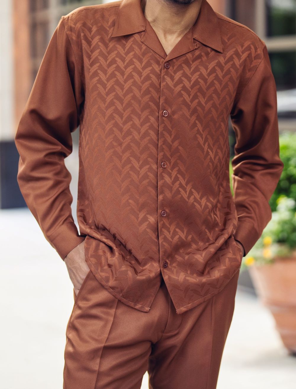 Cognac Chevron Tone on Tone Long Sleeve Walking Suit
