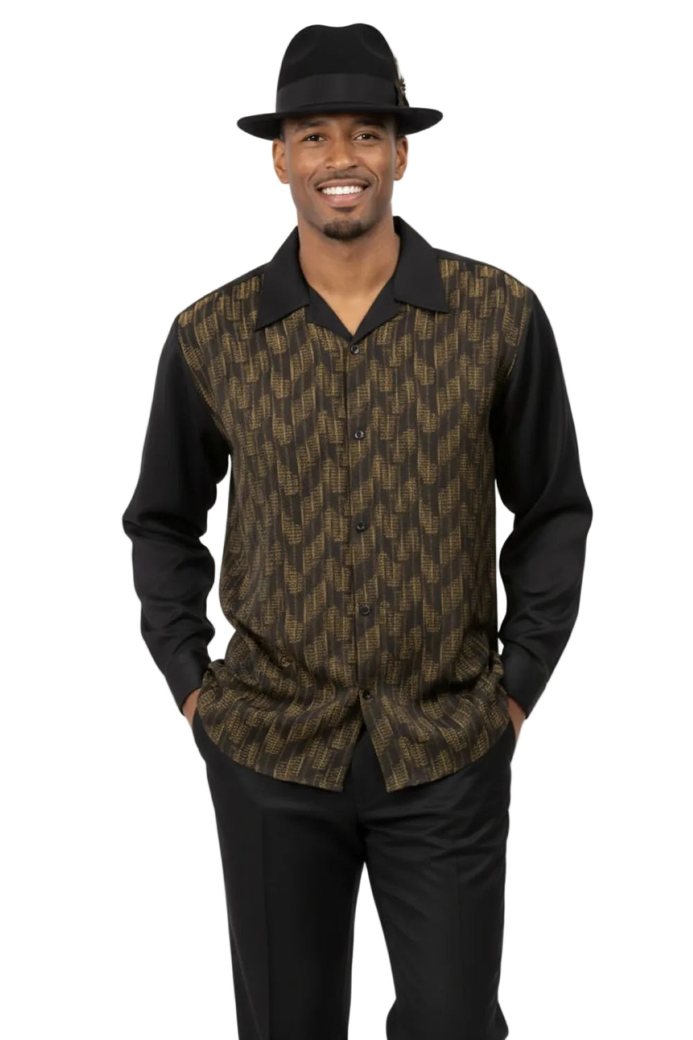 Man wearing a patterned shirt with a black collar and black hat on a white background