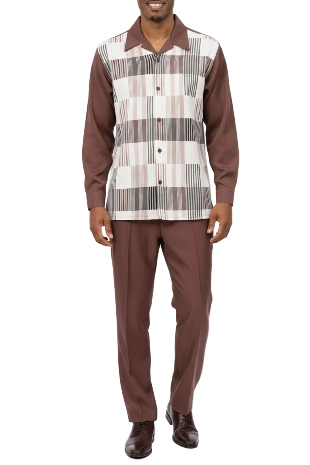 Coffee Plaid Long Sleeve Walking Suit