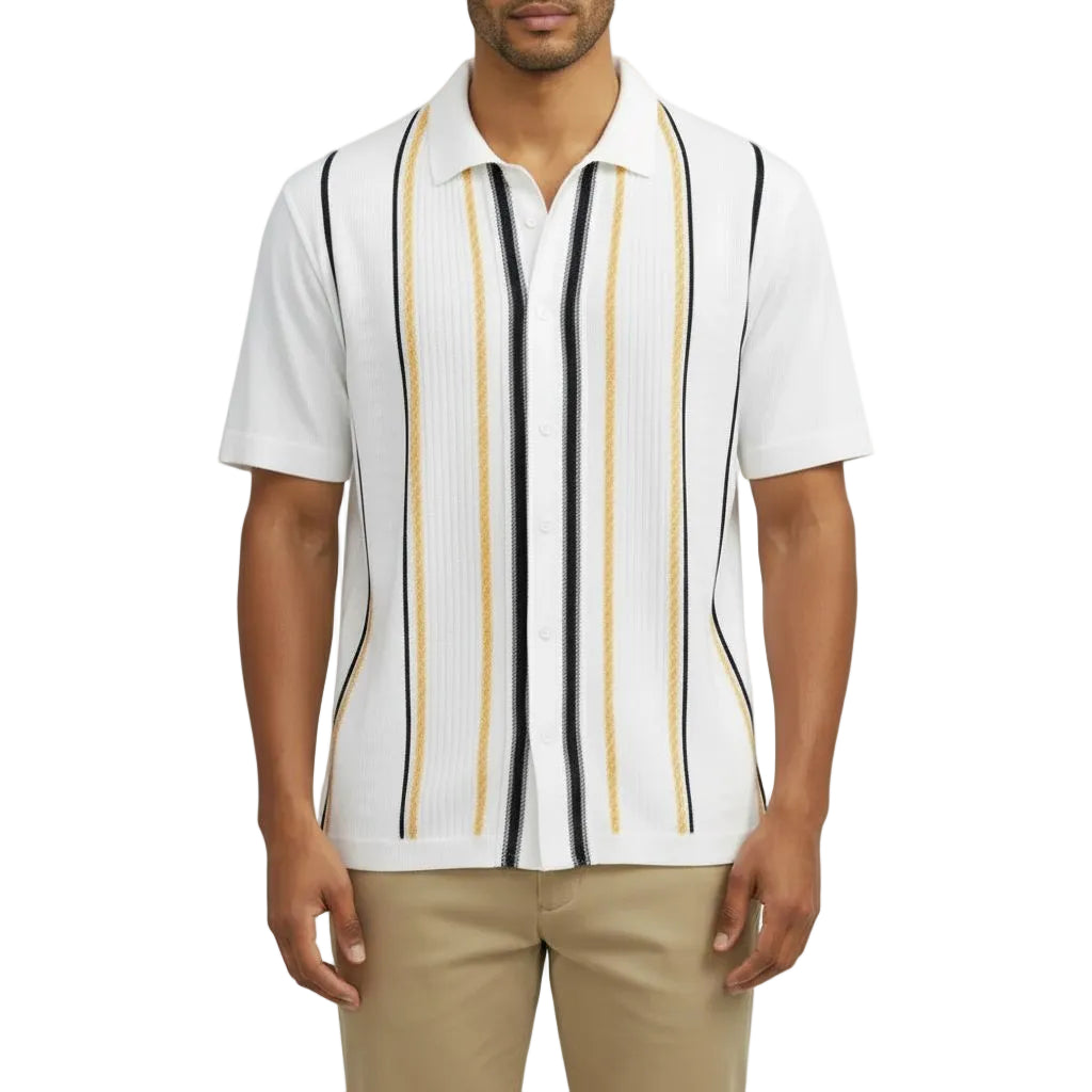 Stacy Adams - White Vertical Stripe Knit Shirt