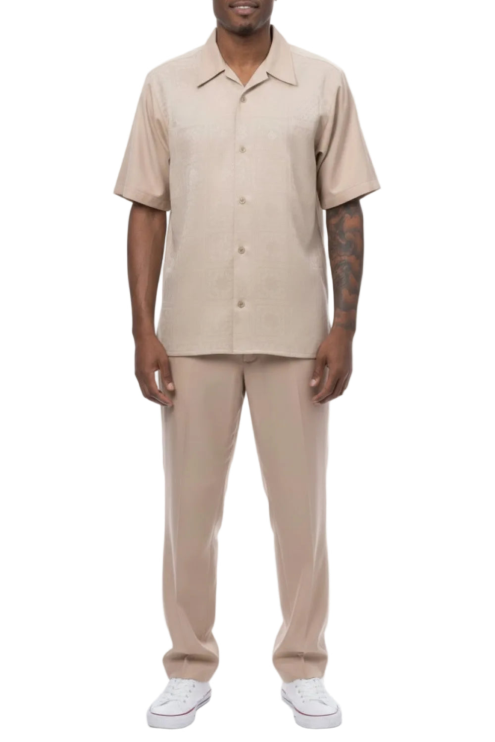 Men's 2 Piece Beige Tonal Check Pattern Walking Suit