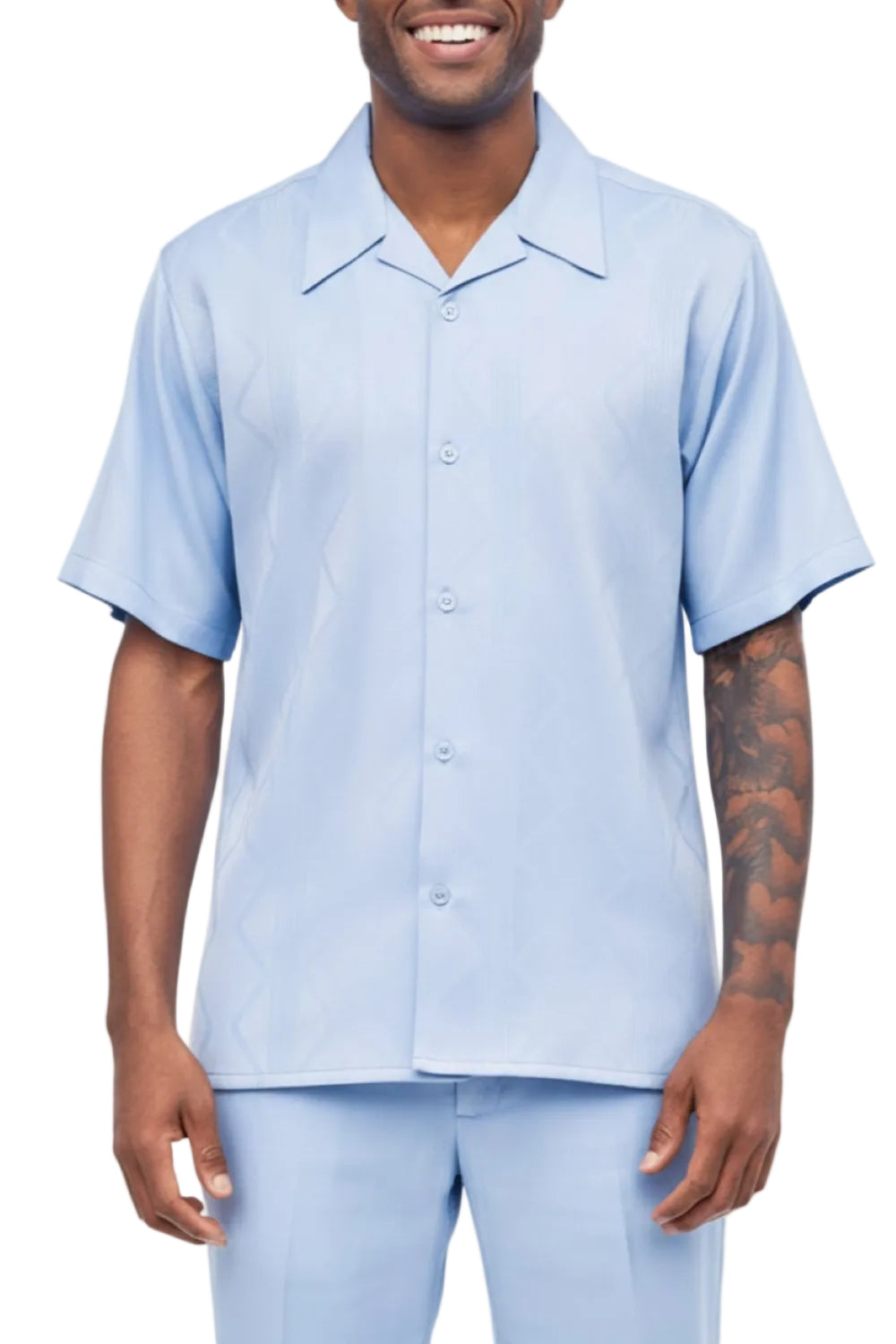 Man wearing a light blue short-sleeve shirt and pants on a white background