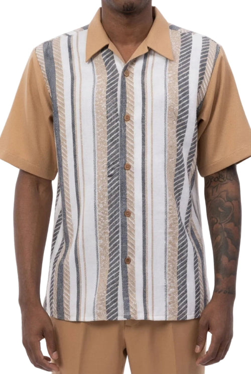A man wearing a short-sleeve button-up shirt with a tan collar and sleeves, featuring a central vertical stripe pattern in white, beige, and gray on the front panel, paired with tan pants against a white background.