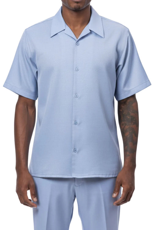 Carolina blue men's two piece textured walking suit with short sleeve shirt and pants