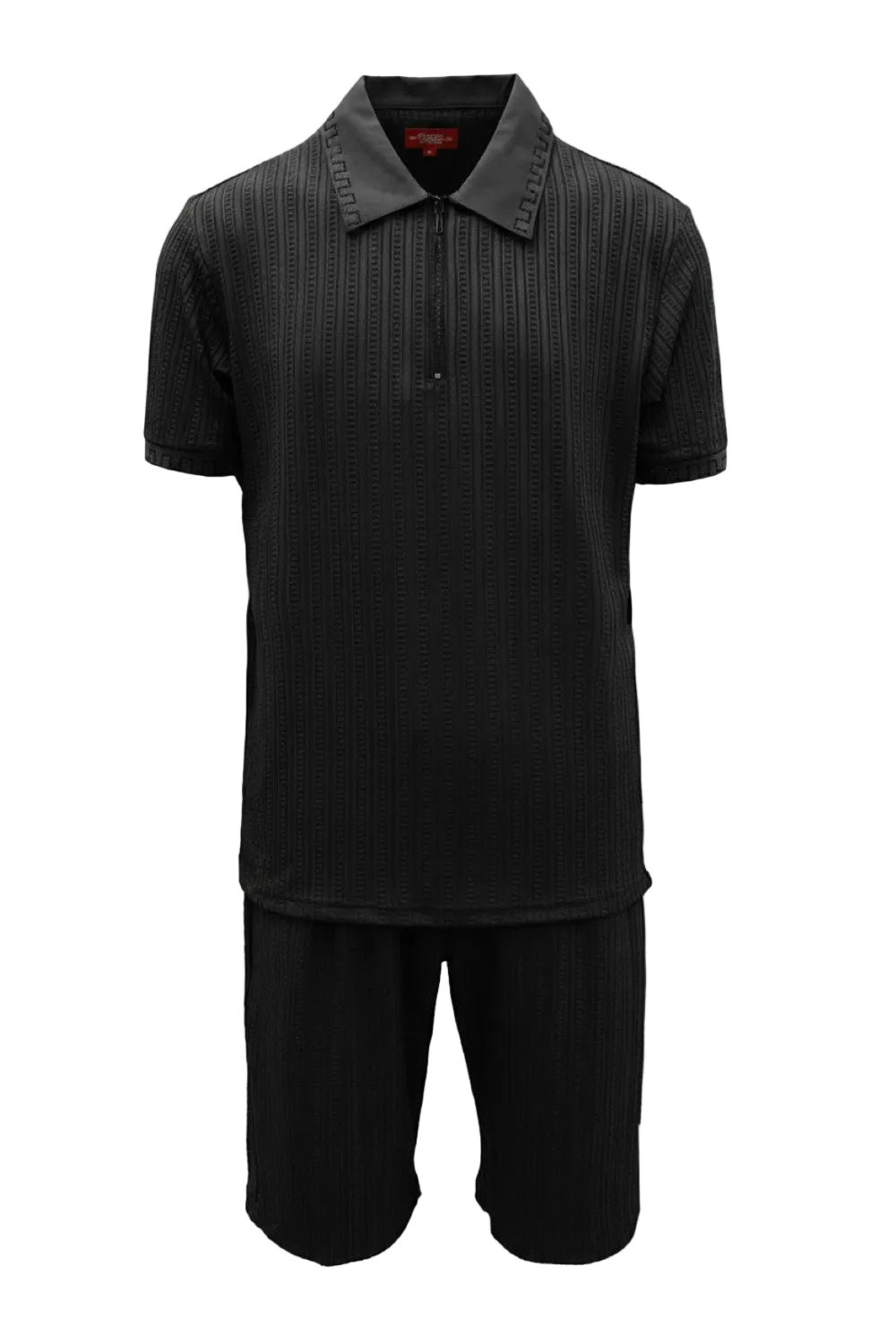 Black polo shirt and shorts set on a white background