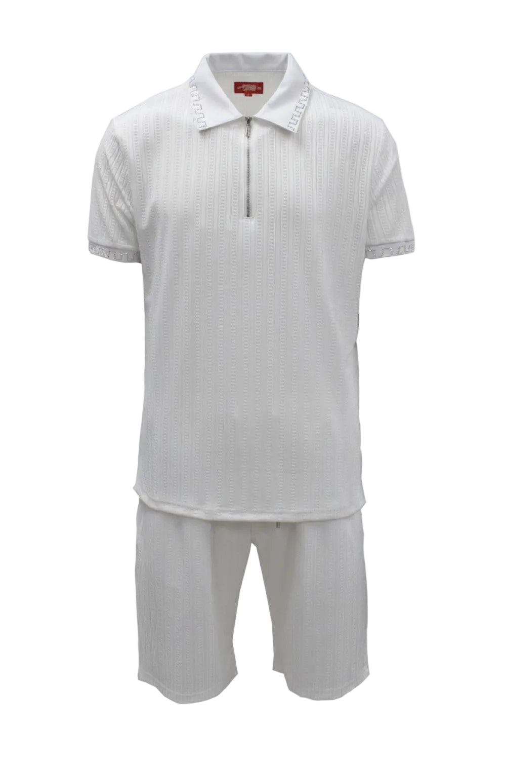 White polo shirt and shorts set on a white background