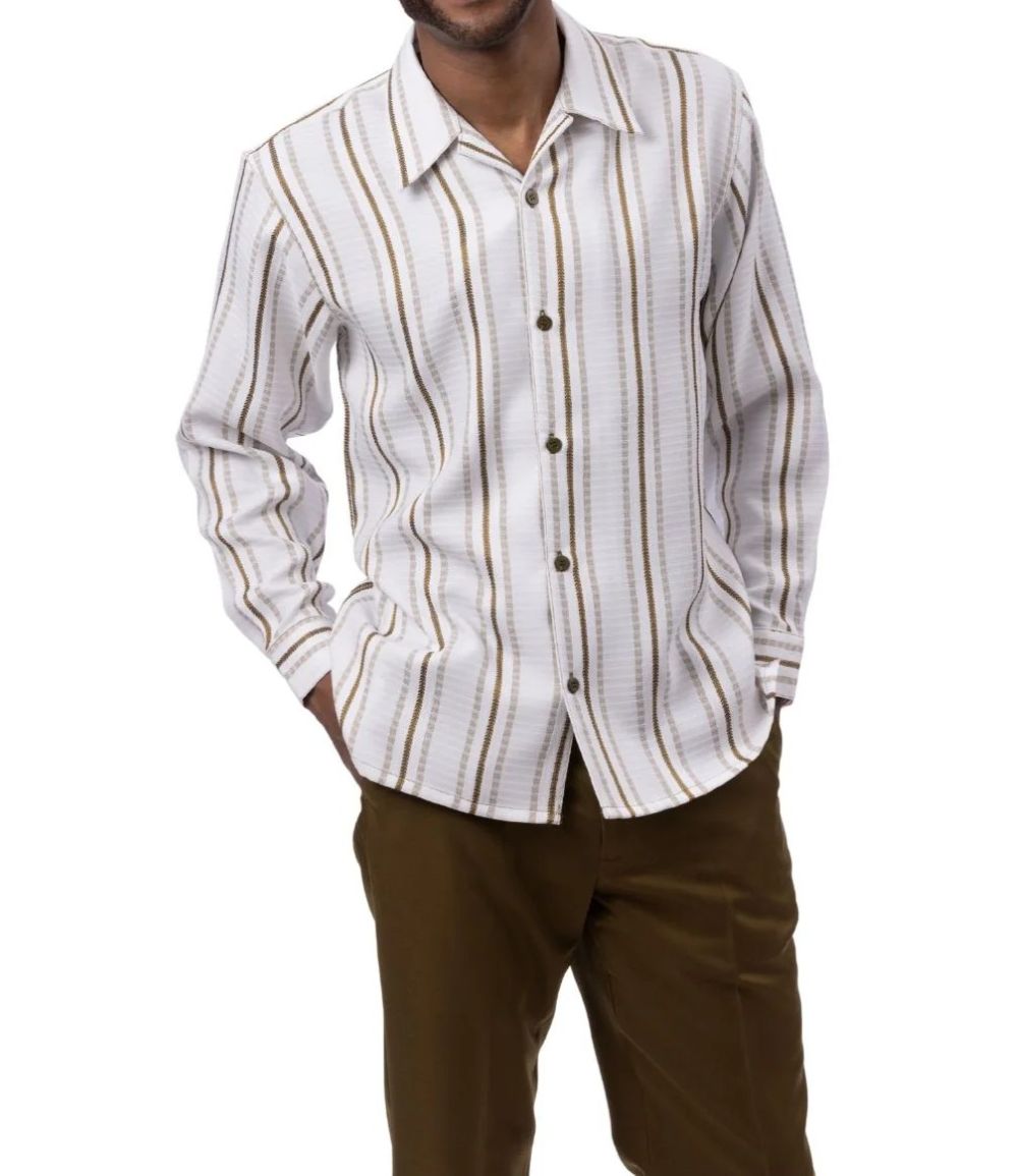Men’s 2 Piece Olive Vertical Stripe Pattern Long Sleeve Walking Suit
