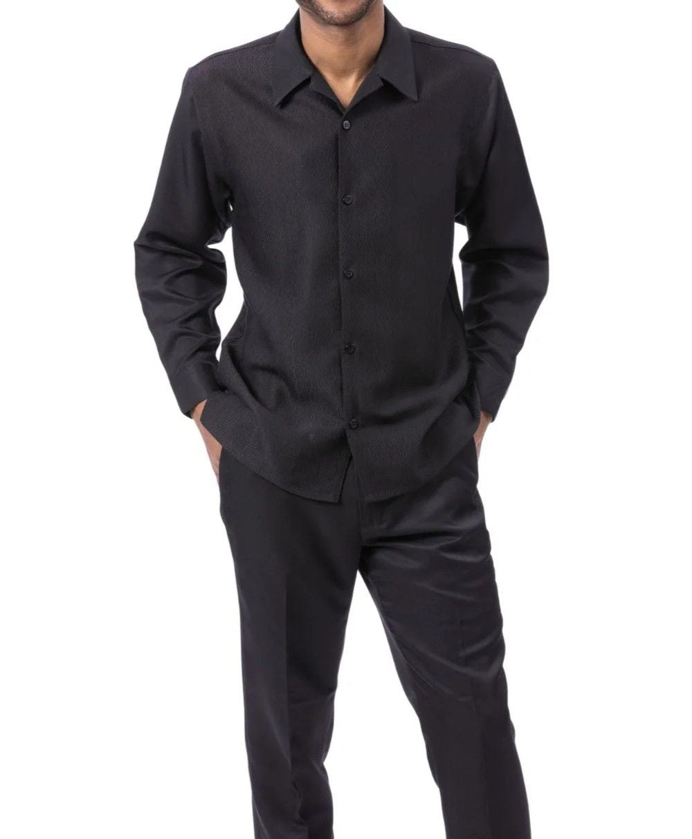 Men’s 2 Piece Black Textured Pattern Long Sleeve Walking Suit
