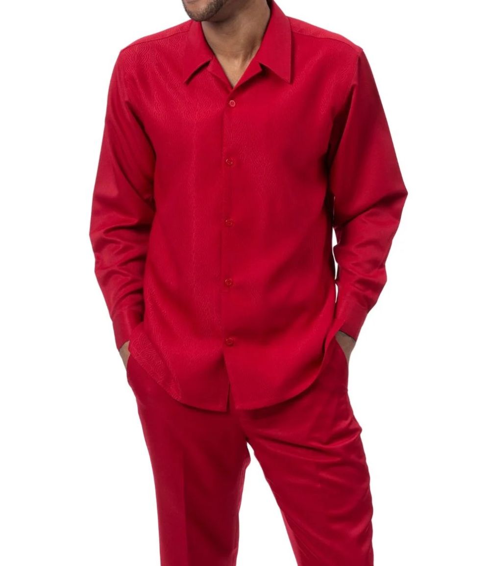 Men’s 2 Piece Red Textured Pattern Long Sleeve Walking Suit
