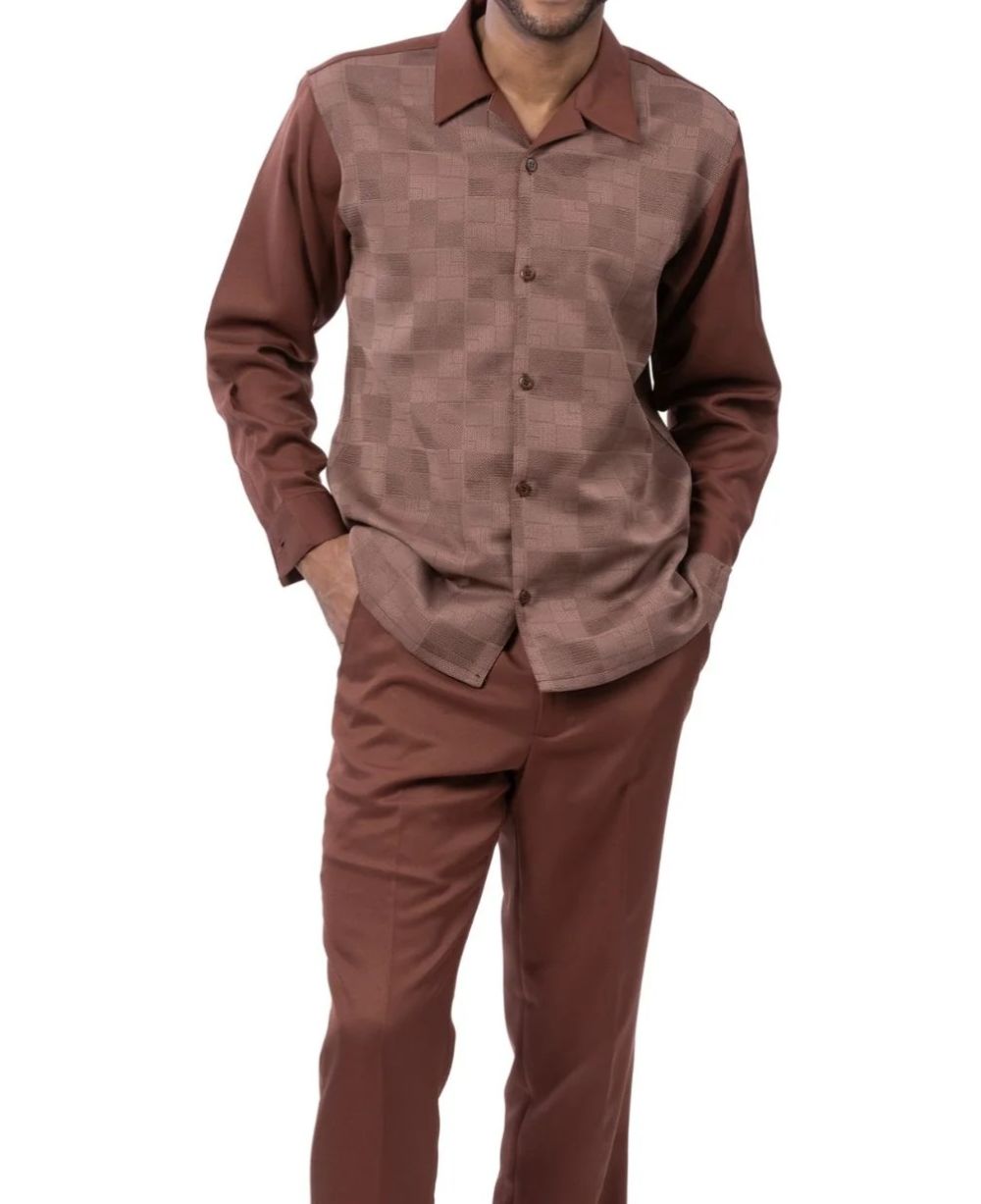 Men’s 2 Piece Brown Check Jacquard Pattern Long Sleeve Walking Suit

