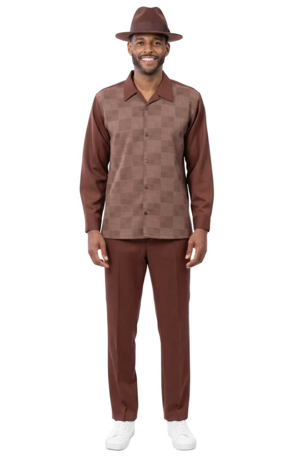 Men’s 2 Piece Brown Check Jacquard Pattern Long Sleeve Walking Suit