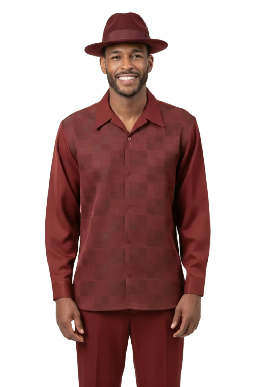 Man wearing a burgundy patterned shirt and pants with a matching hat on a white background