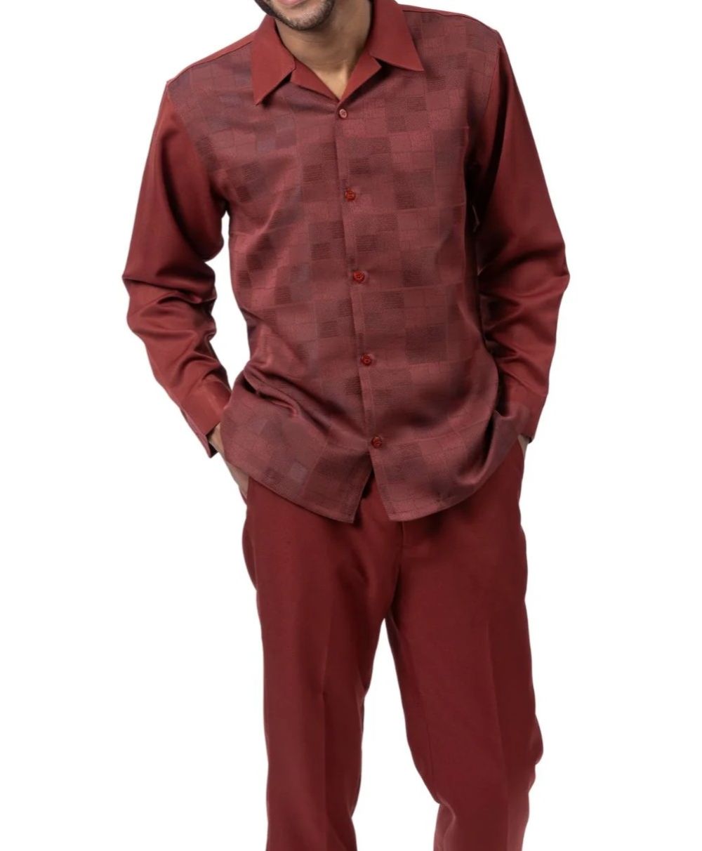 Men’s 2 Piece Burgundy Check Jacquard Pattern Long Sleeve Walking Suit
