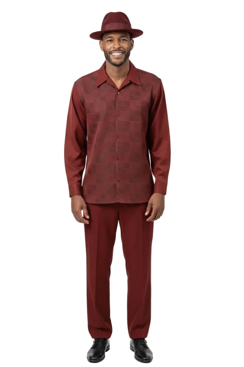 Men’s 2 Piece Burgundy Check Jacquard Pattern Long Sleeve Walking Suit