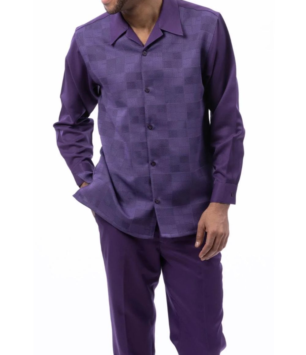 Men’s 2 Piece Grape Check Jacquard Pattern Long Sleeve Walking Suit

