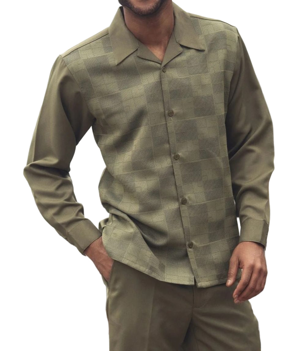 Men’s 2 Piece Olive Check Jacquard Pattern Long Sleeve Walking Suit
