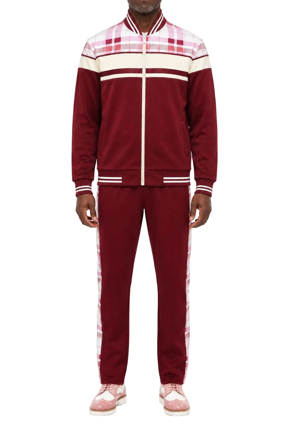 Stacy Adams - Burgundy 2-Piece Plaid Panel Tracksuit Set