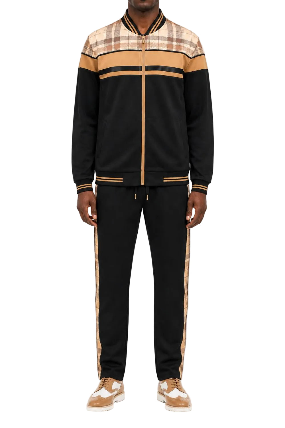 Stacy Adams - Khaki 2-Piece Plaid Panel Tracksuit Set