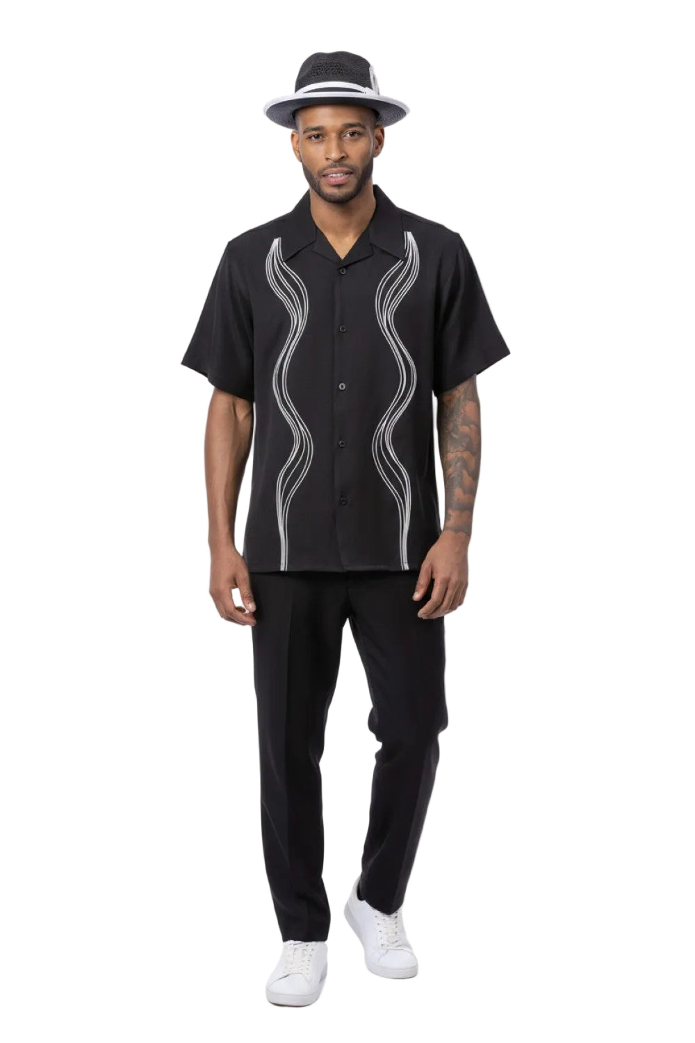 Black Wave Embroidery Short Sleeve Walking Suit