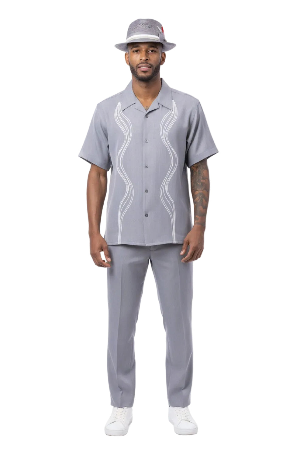 Gray Wave Embroidery Short Sleeve Walking Suit