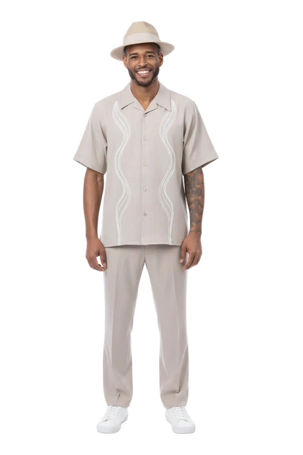 Khaki Wave Embroidery Short Sleeve Walking Suit
