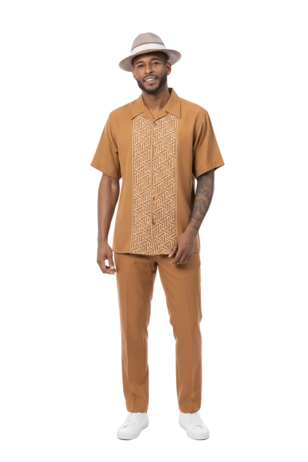 Cappuccino Geometric Panel Short Sleeve Walking Suit