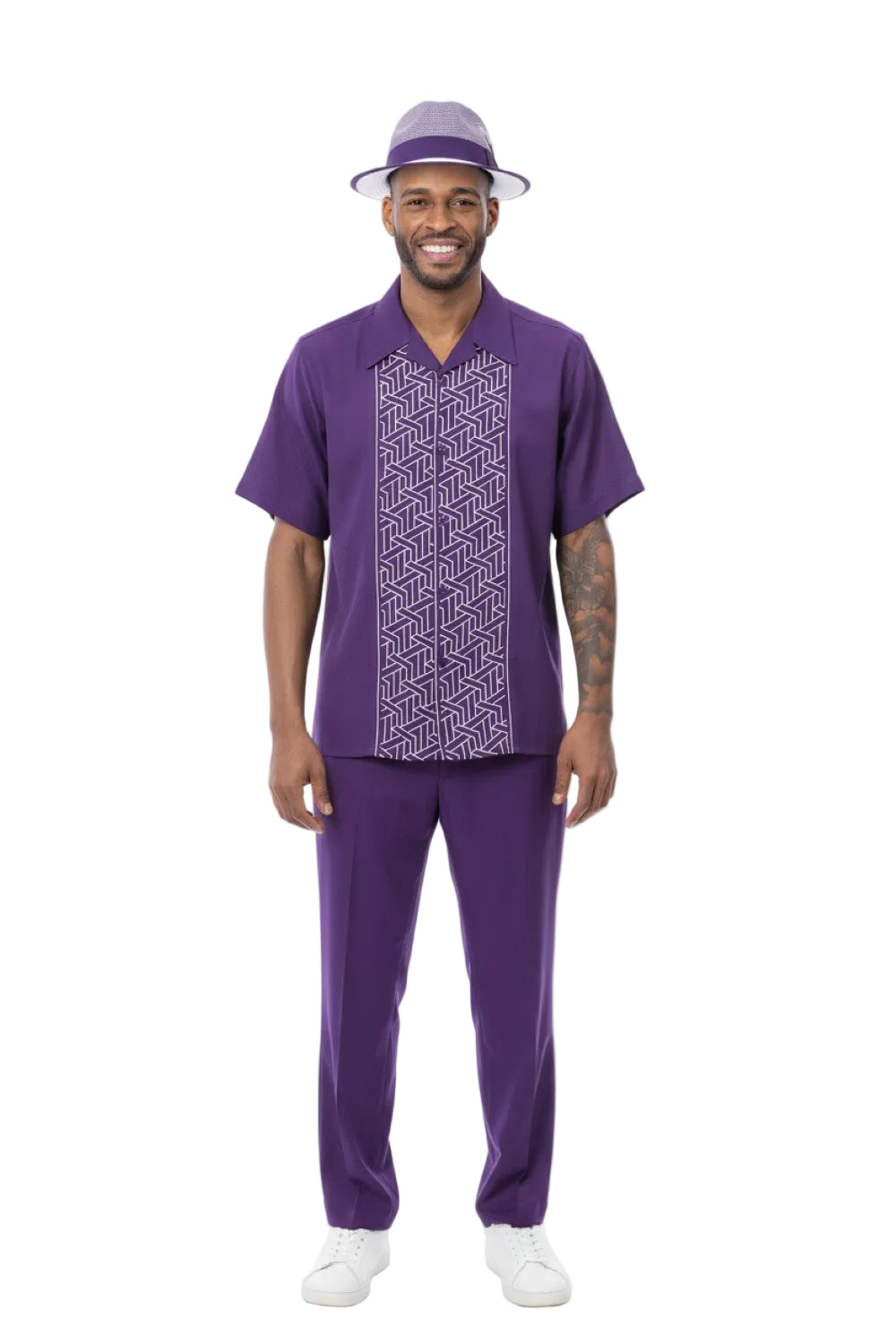 Purple Geometric Panel Short Sleeve Walking Suit