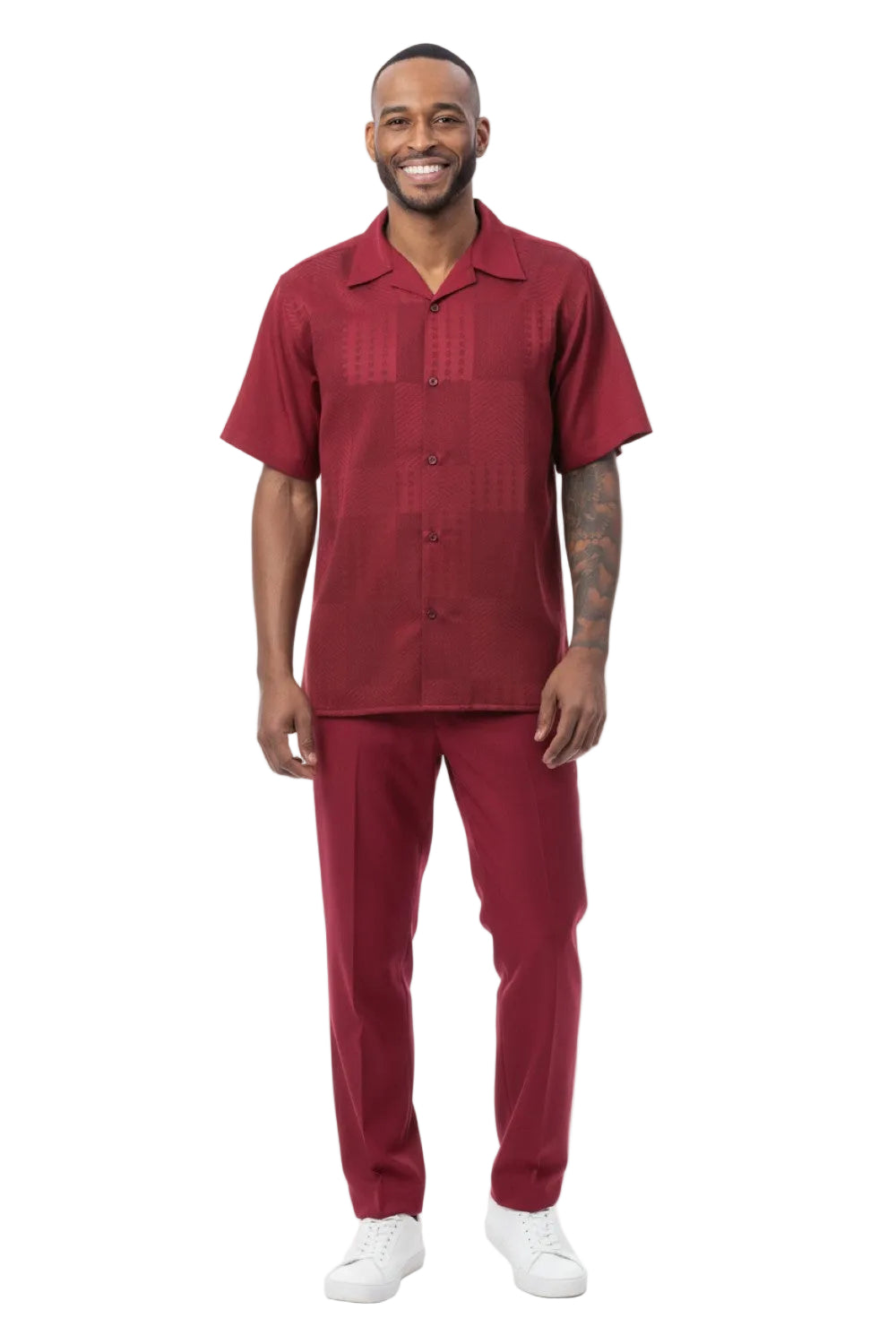 Burgundy Geometric Jacquard Panel Short Sleeve Walking Suit