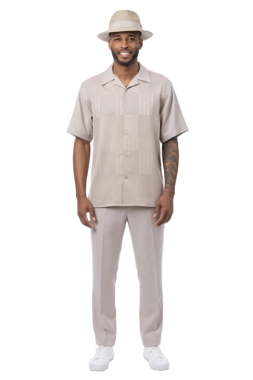 Khaki Geometric Jacquard Panel Short Sleeve Walking Suit