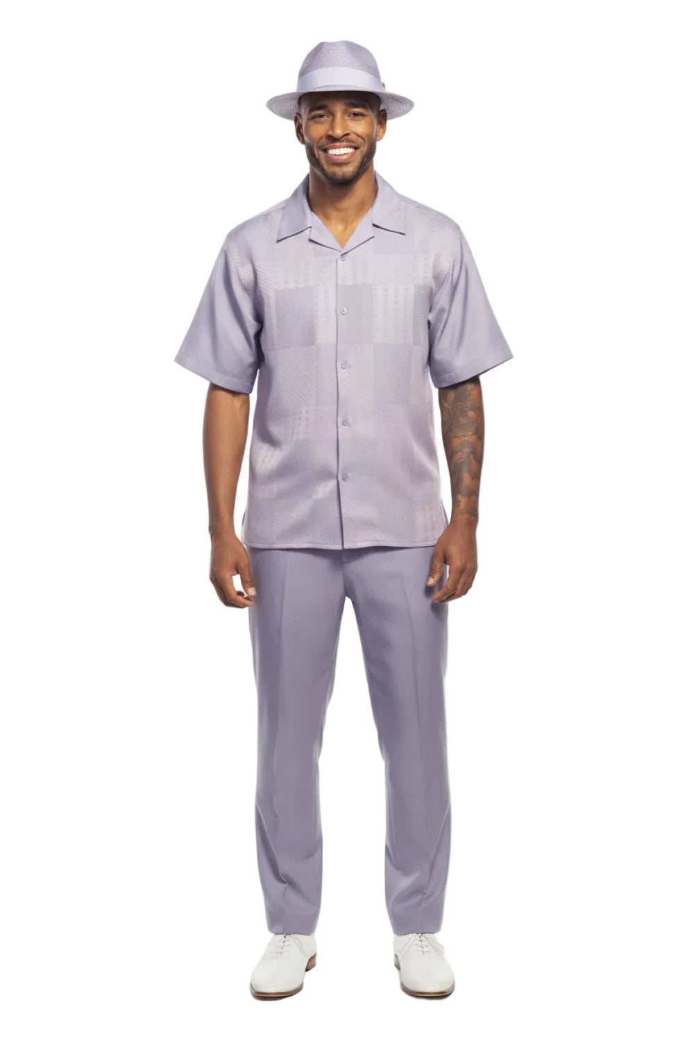 Lilac Geometric Jacquard Panel Short Sleeve Walking Suit