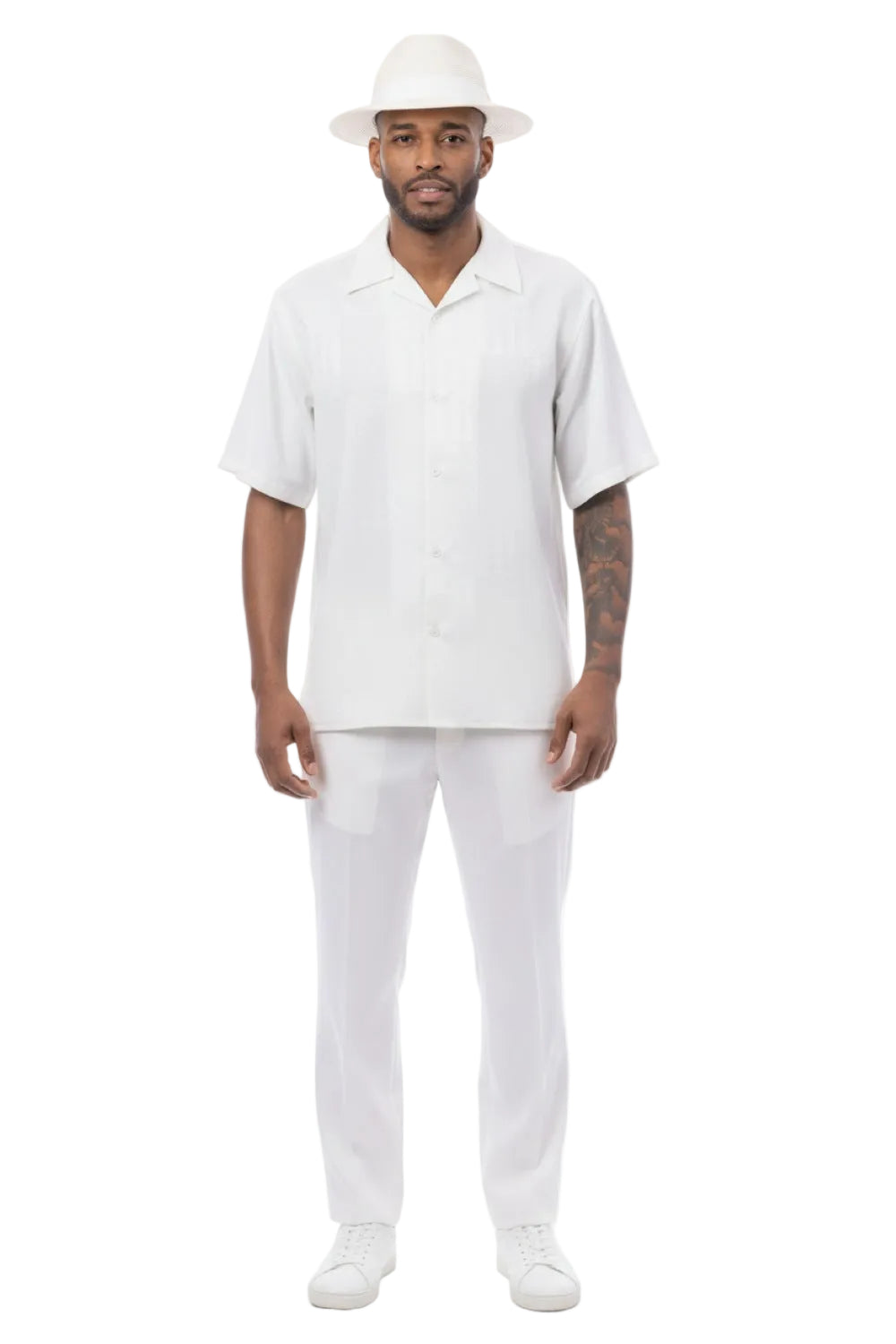 White Geometric Jacquard Panel Short Sleeve Walking Suit