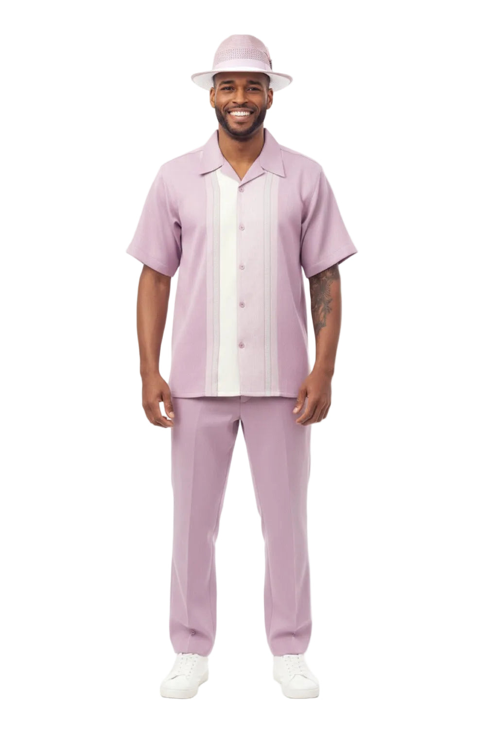 Tonal Contrast Panel Short Sleeve Walking Suit - Lavender