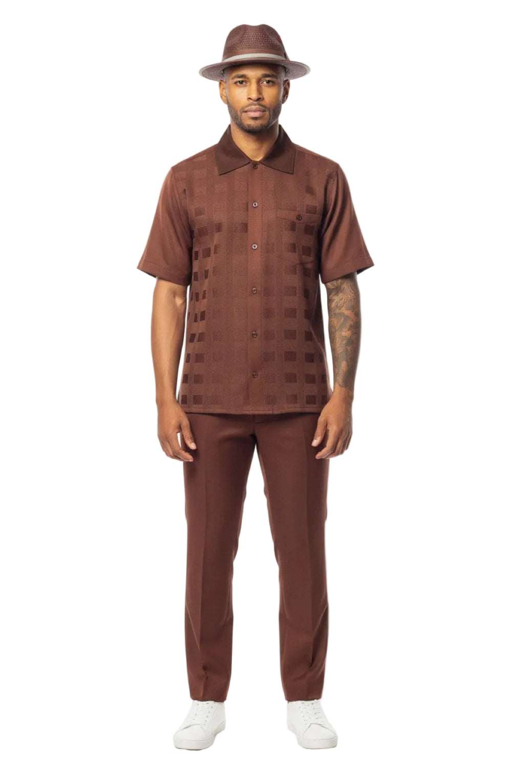 Tone-on-Tone Jacquard Short Sleeve Walking Suit - Brown