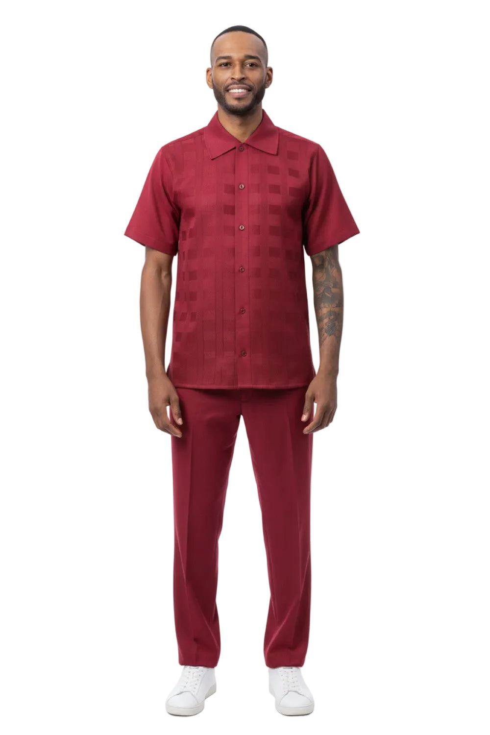 Tone-on-Tone Jacquard Short Sleeve Walking Suit - Burgundy
