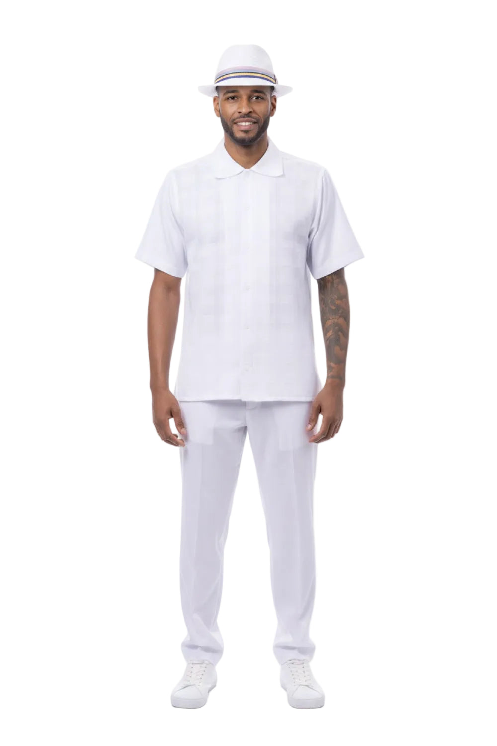 Tone-on-Tone Jacquard Short Sleeve Walking Suit - White