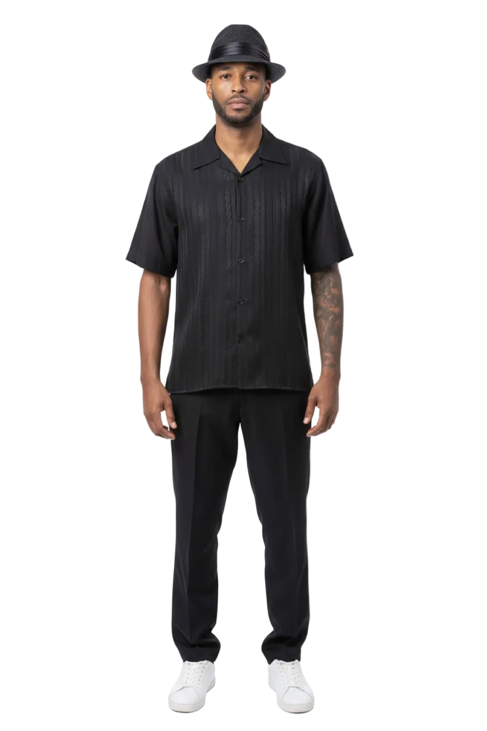 Tonal Jacquard Short Sleeve Walking Suit - Black