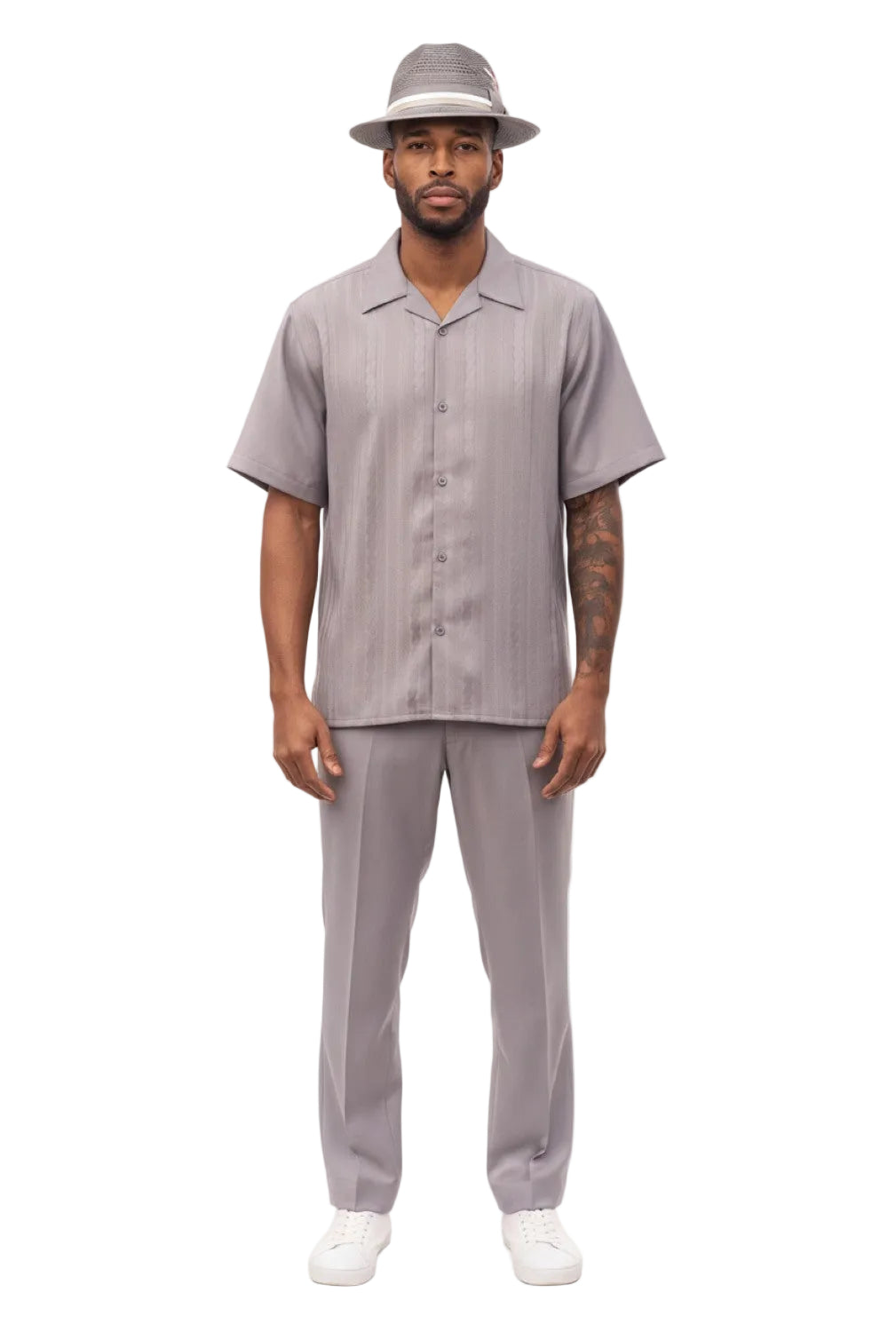 Tonal Jacquard Short Sleeve Walking Suit - Gray