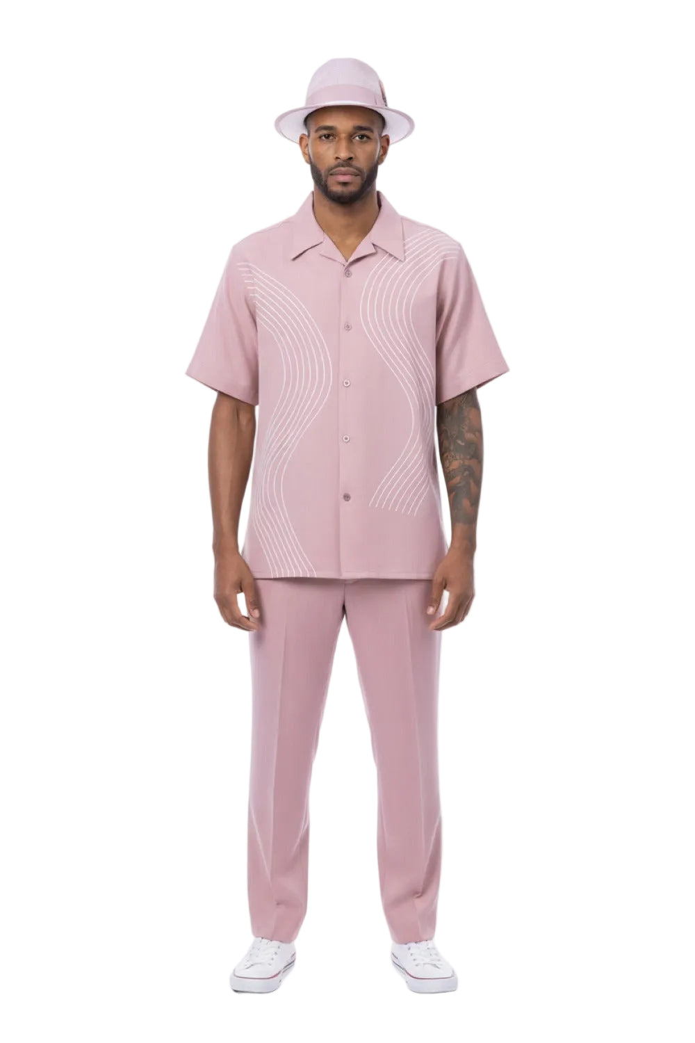 Wave Embroidery Short Sleeve Walking Suit - Blush
