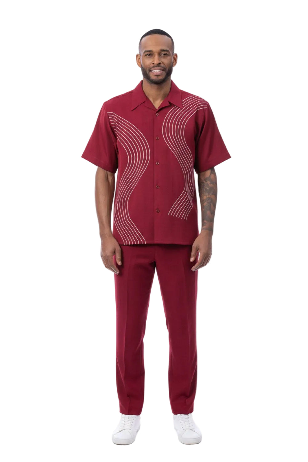 Wave Embroidery Short Sleeve Walking Suit - Ruby