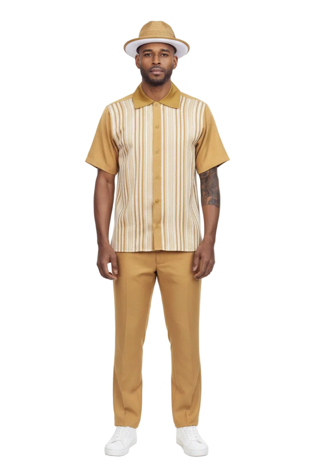 Vertical Stripe Panel Short Sleeve Walking Suit - Mustard