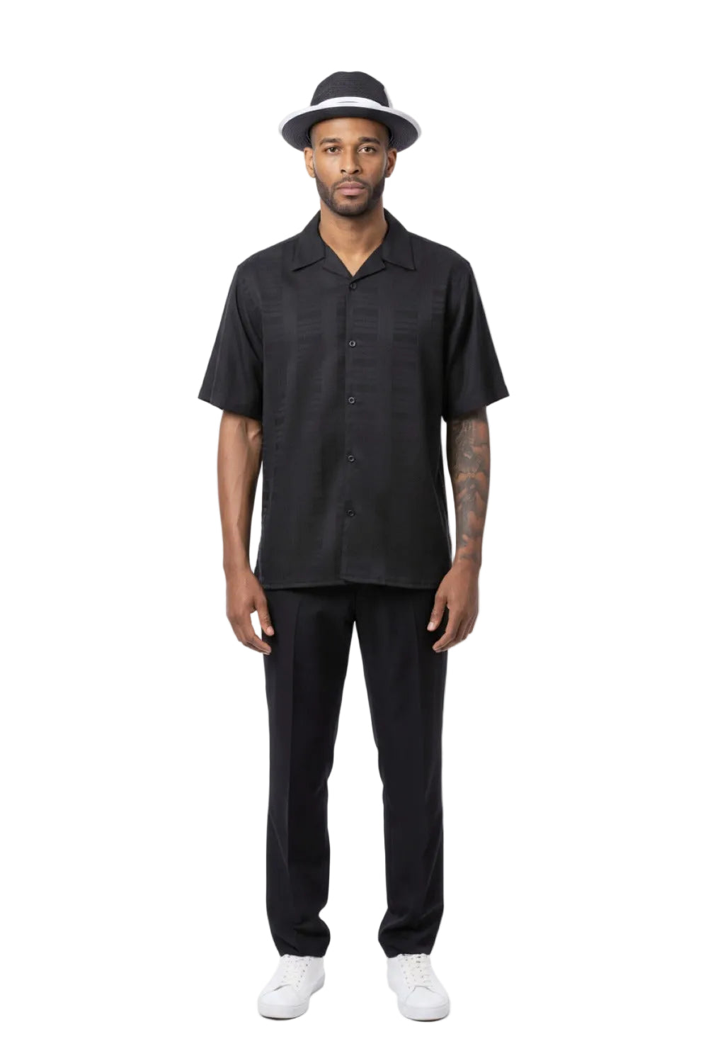 Geometric Weave Short Sleeve Walking Suit - Black