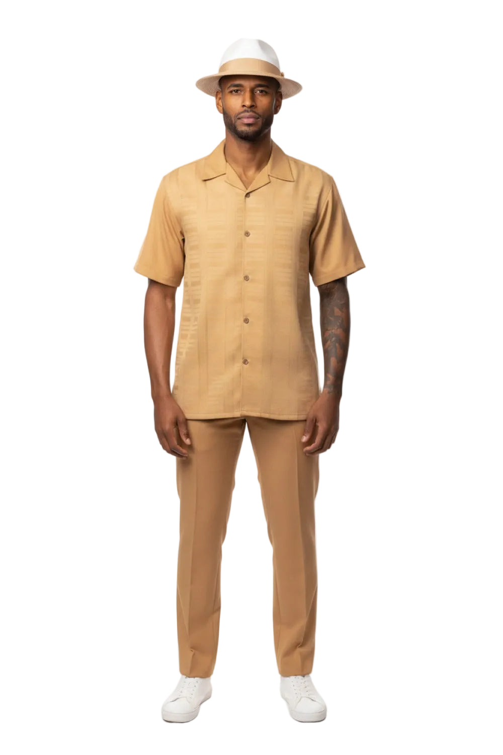 Geometric Weave Short Sleeve Walking Suit - Camel