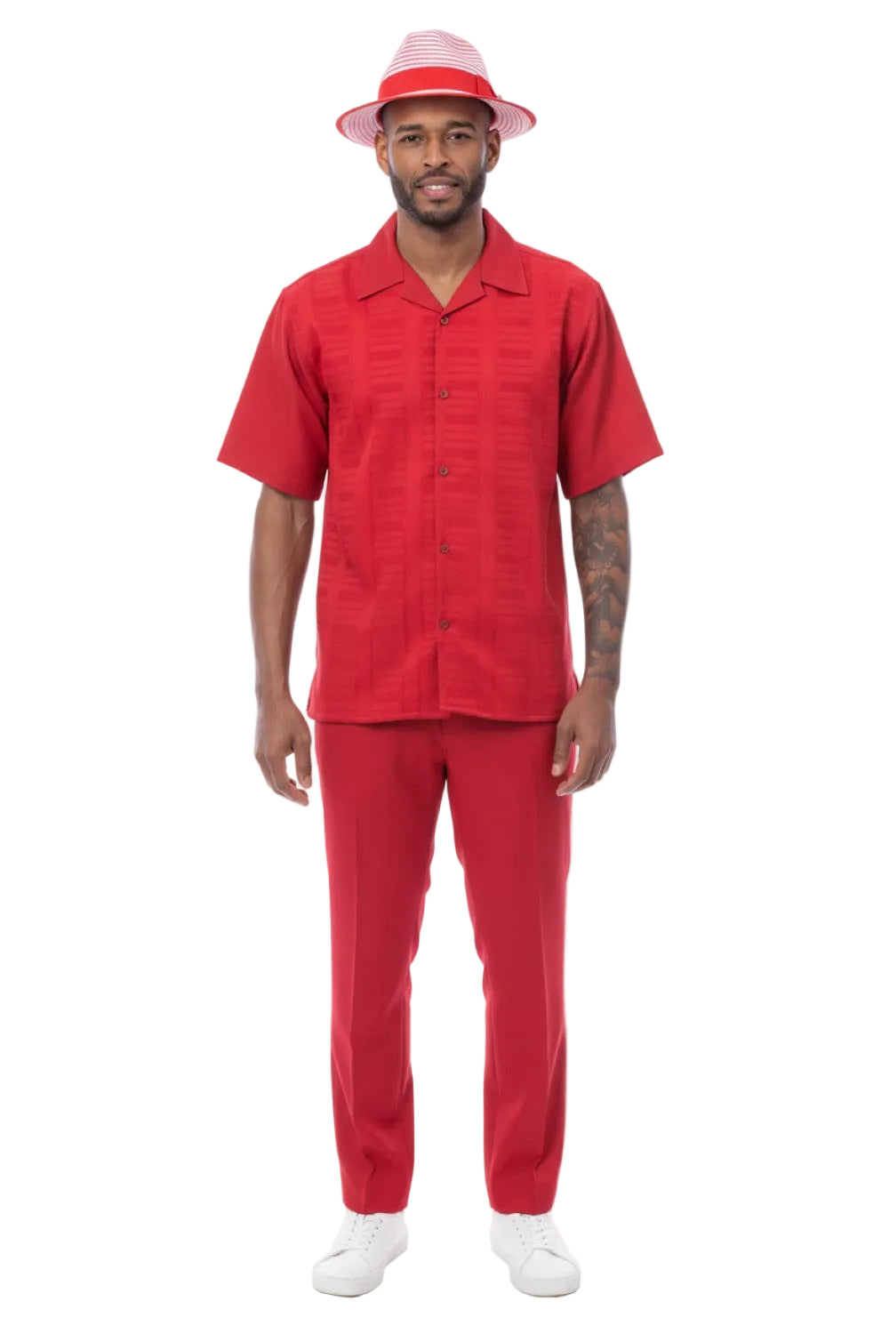 Geometric Weave Short Sleeve Walking Suit - Red