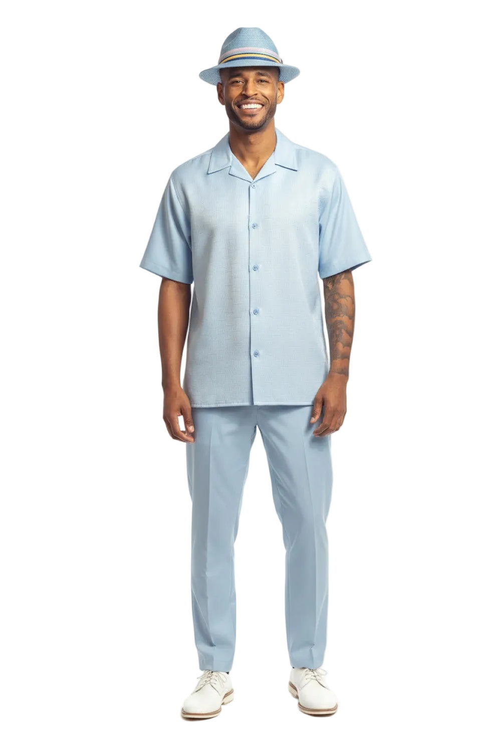 Textured Jacquard Short Sleeve Walking Suit - Sky