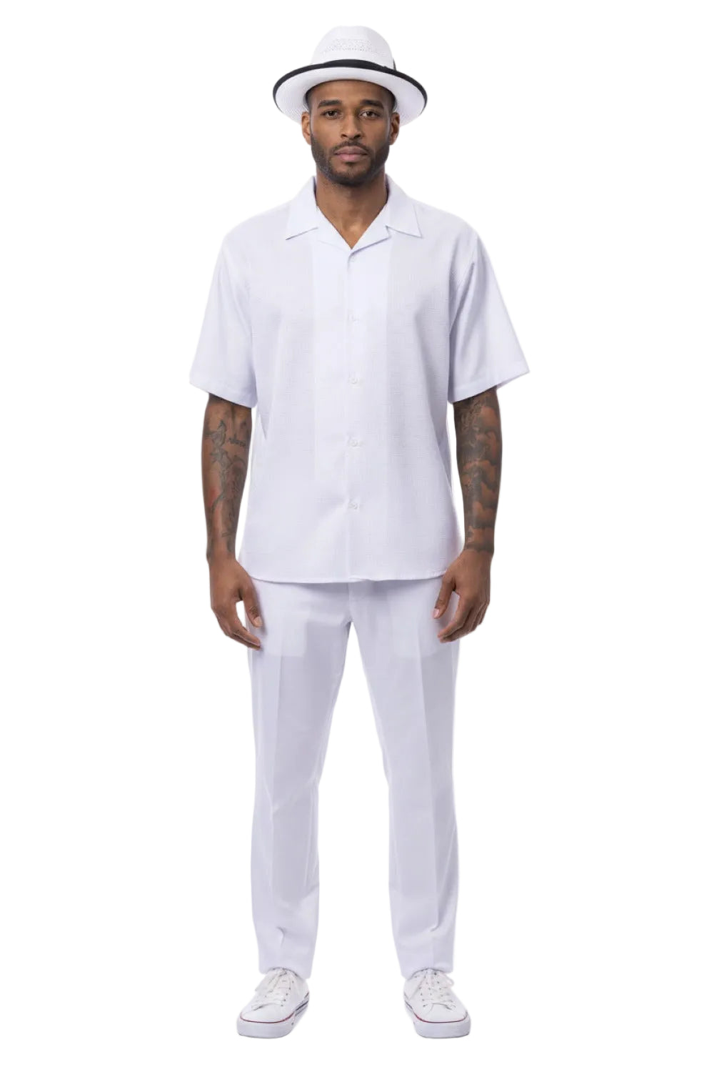 Textured Jacquard Short Sleeve Walking Suit - White