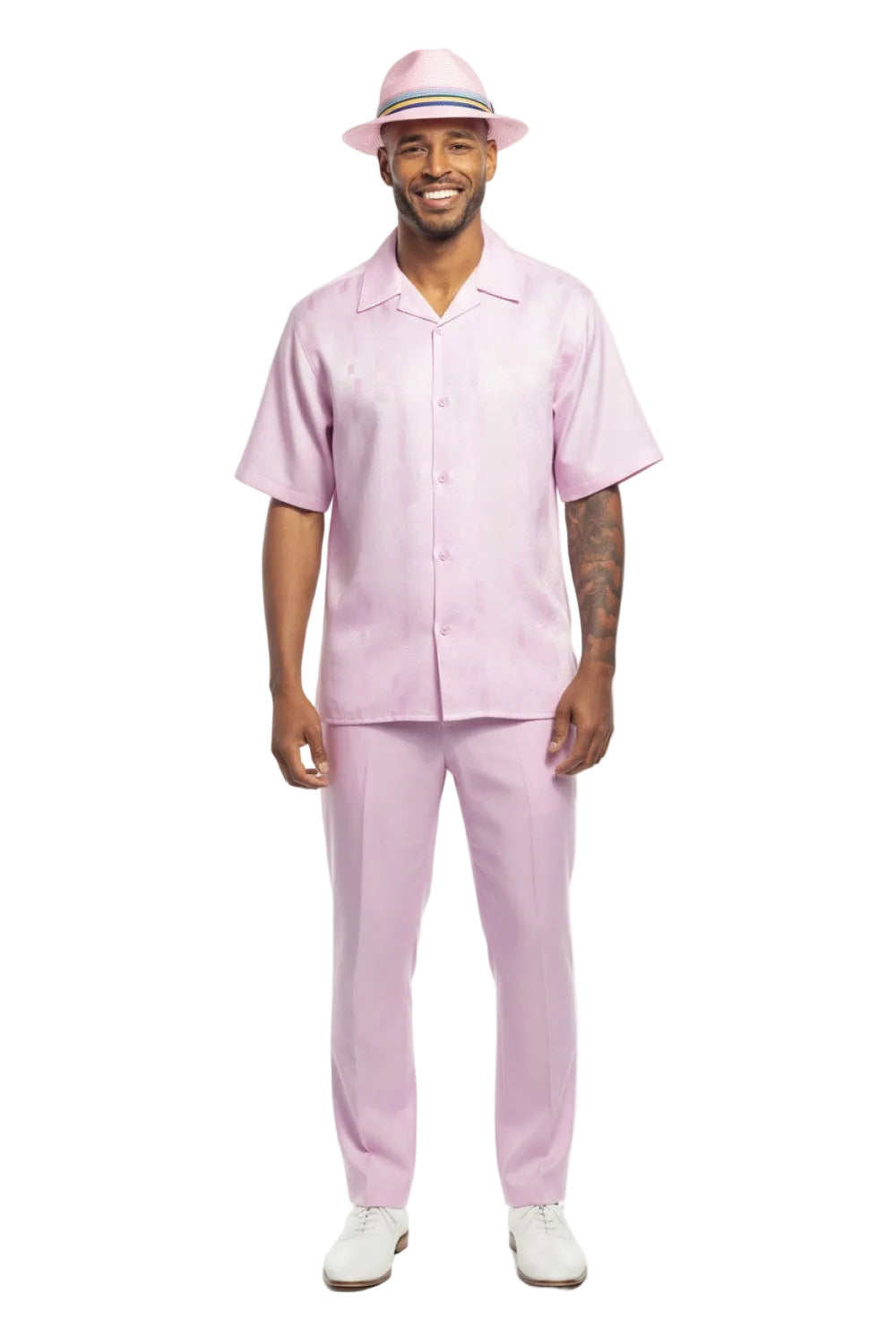 Vertical Stripe Jacquard Short Sleeve Walking Suit - Pink