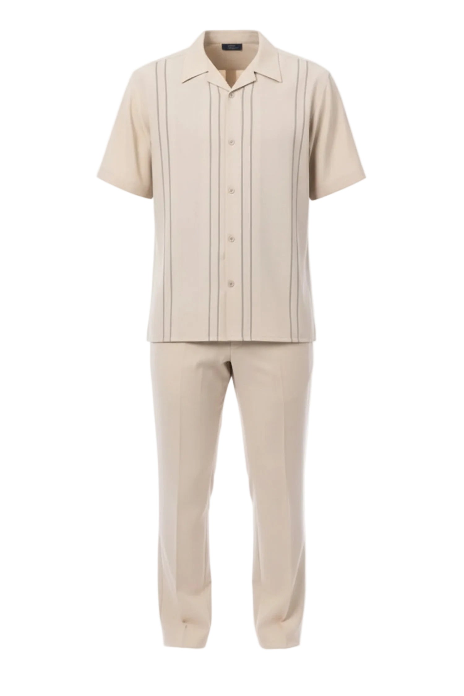 Beige short-sleeve shirt and pants set on a white background