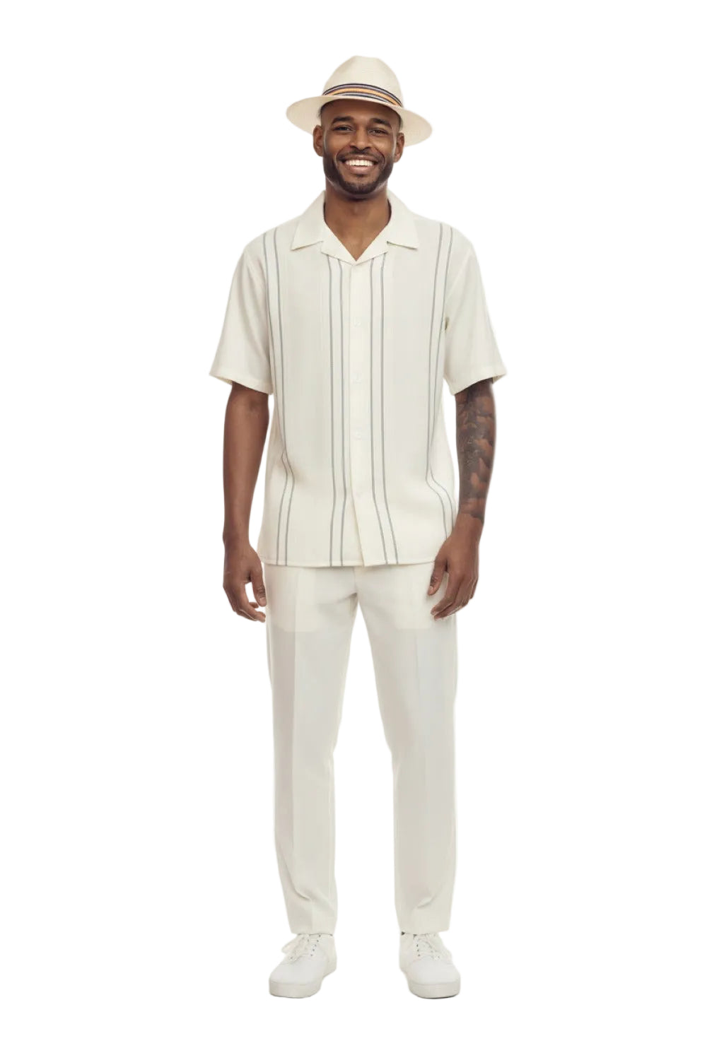 Cream Vertical Stripe Short Sleeve Walking Suit