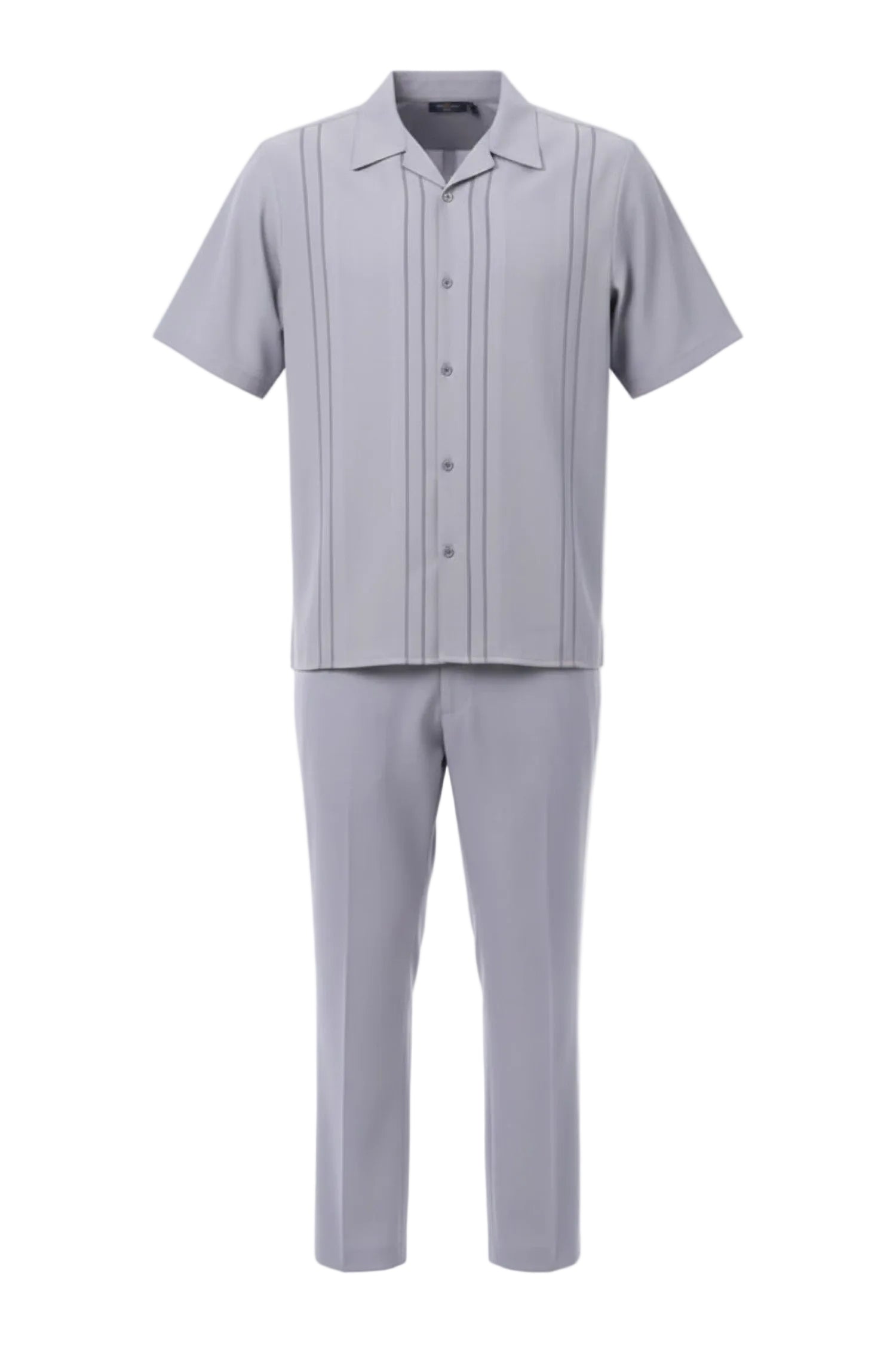 Gray short-sleeve shirt and pants set on a white background