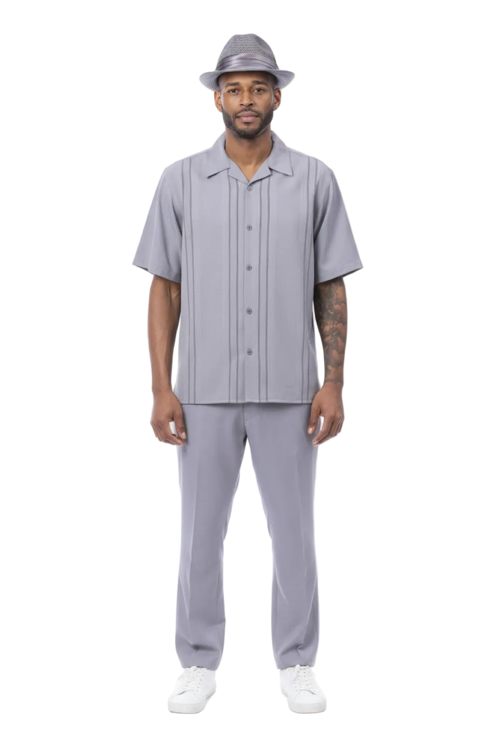 Gray Vertical Stripe Short Sleeve Walking Suit